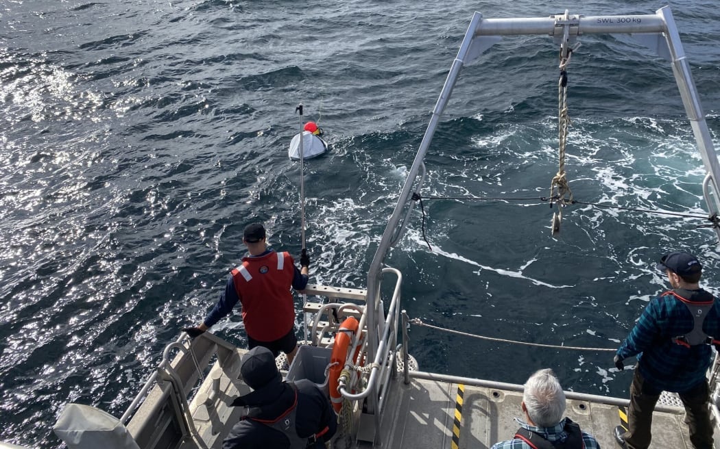 An early prototype of the SAR4SaR search and rescue device was tested from HMNZS Canterbury in the Southern Ocean near Campbell Island. Photo / NZDF