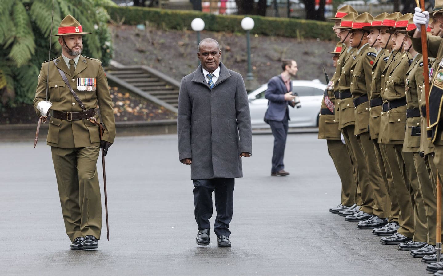 Solomon Islands Prime Minister Jeremiah Manele inspecting the Guard of Honour. Photo / Mark Mitchell