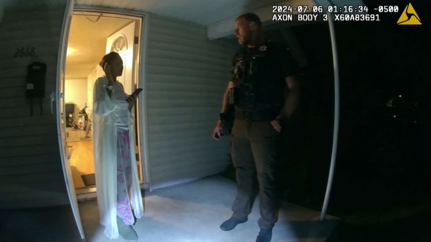 In this image taken from body-camera video released by Illinois State Police, Sonya Massey, left, talks with Sangamon County Sheriff’s Deputy Sean Grayson outside her home in Springfield on July 6. Photo / Illinois State Police