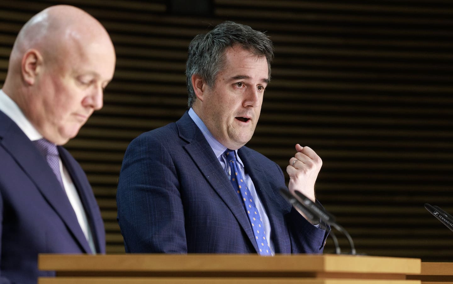 Housing Minister Chris Bishop with Prime Minister Christopher Luxon at a post-Cabinet press conference at Parliament in November last year. Photo / Mark Mitchell