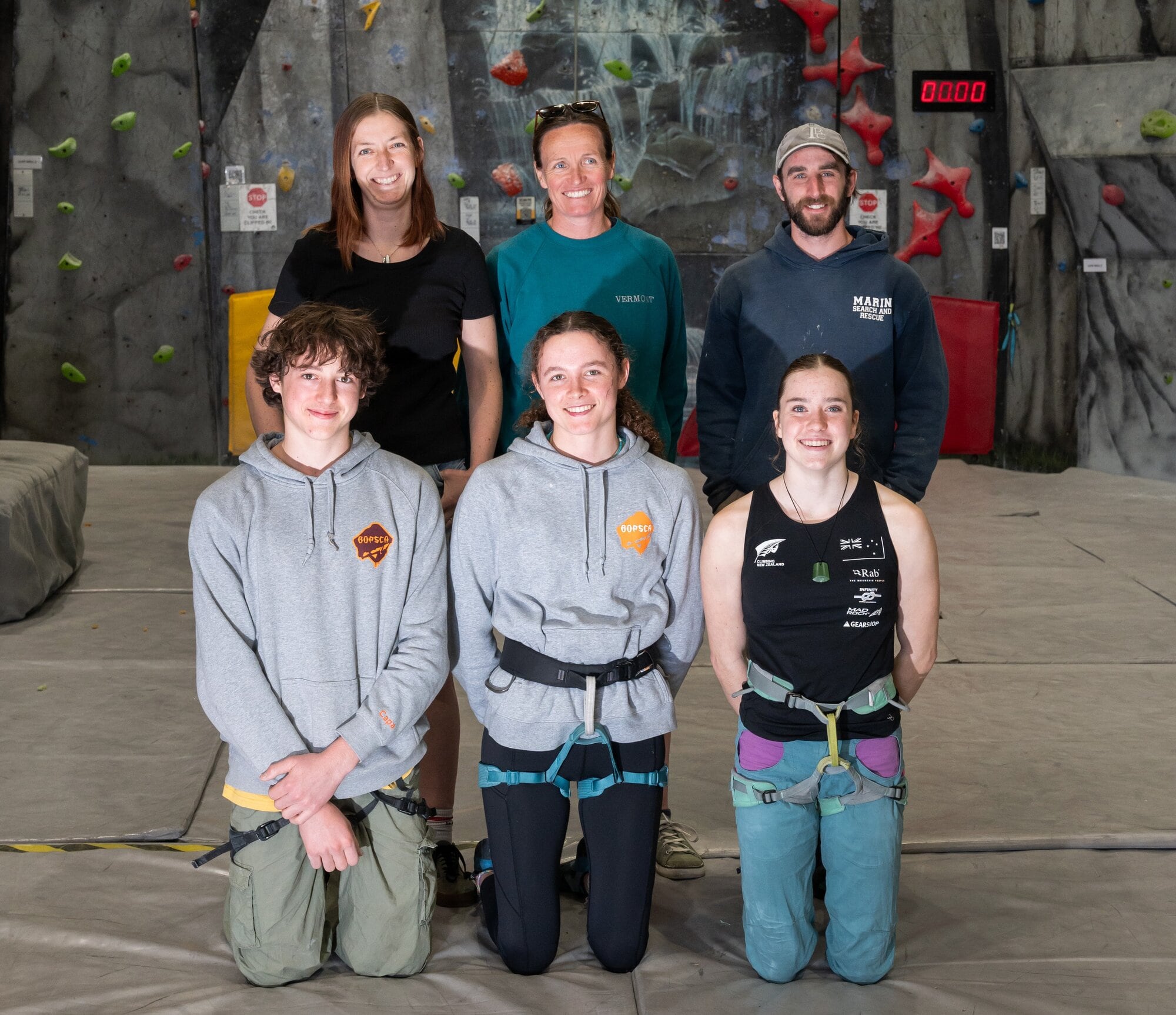 At back is BOPSCA secretary Felia Faber and committee members Maeve Henihan and JJ Niles, and in front is athletes Eli Cachatoor-Faber, Cara Hicks and Mila Piatek. Photo / Brydie Thompson
