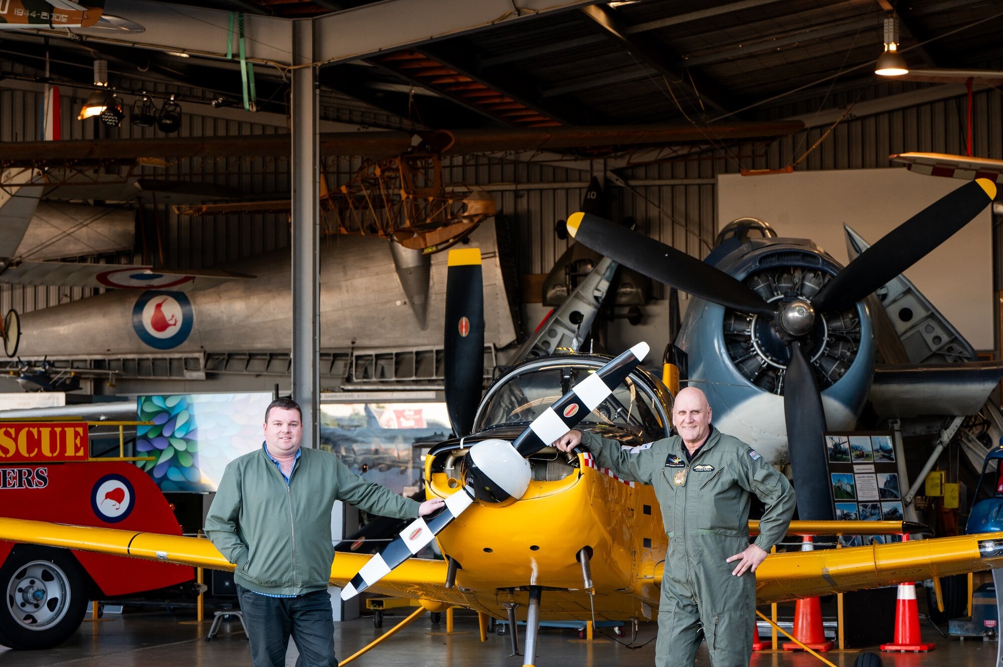  Classic Flyers sales & marketing manager Cory Tyler and the founder, CEO and trustee member Andrew Gormlie in front of the CT-4B Airtrainer. Photo / Brydie Thompson