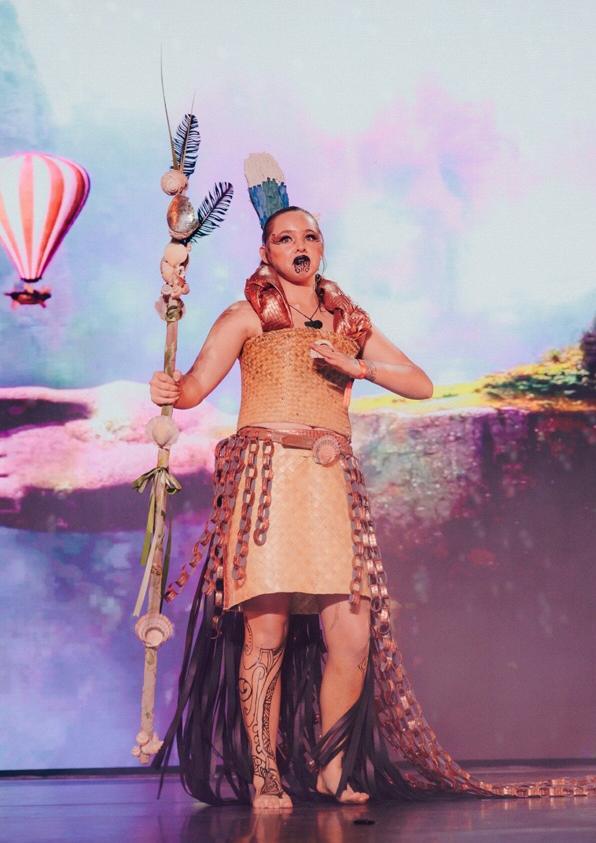  Showquest 2024 national finalist Jordi Cameron from Mount Maunganui Intermediate used woven mats and shoes from op shops to create a garment that represented the legend Pania Of The Reef. Photo / Chontalle Musson