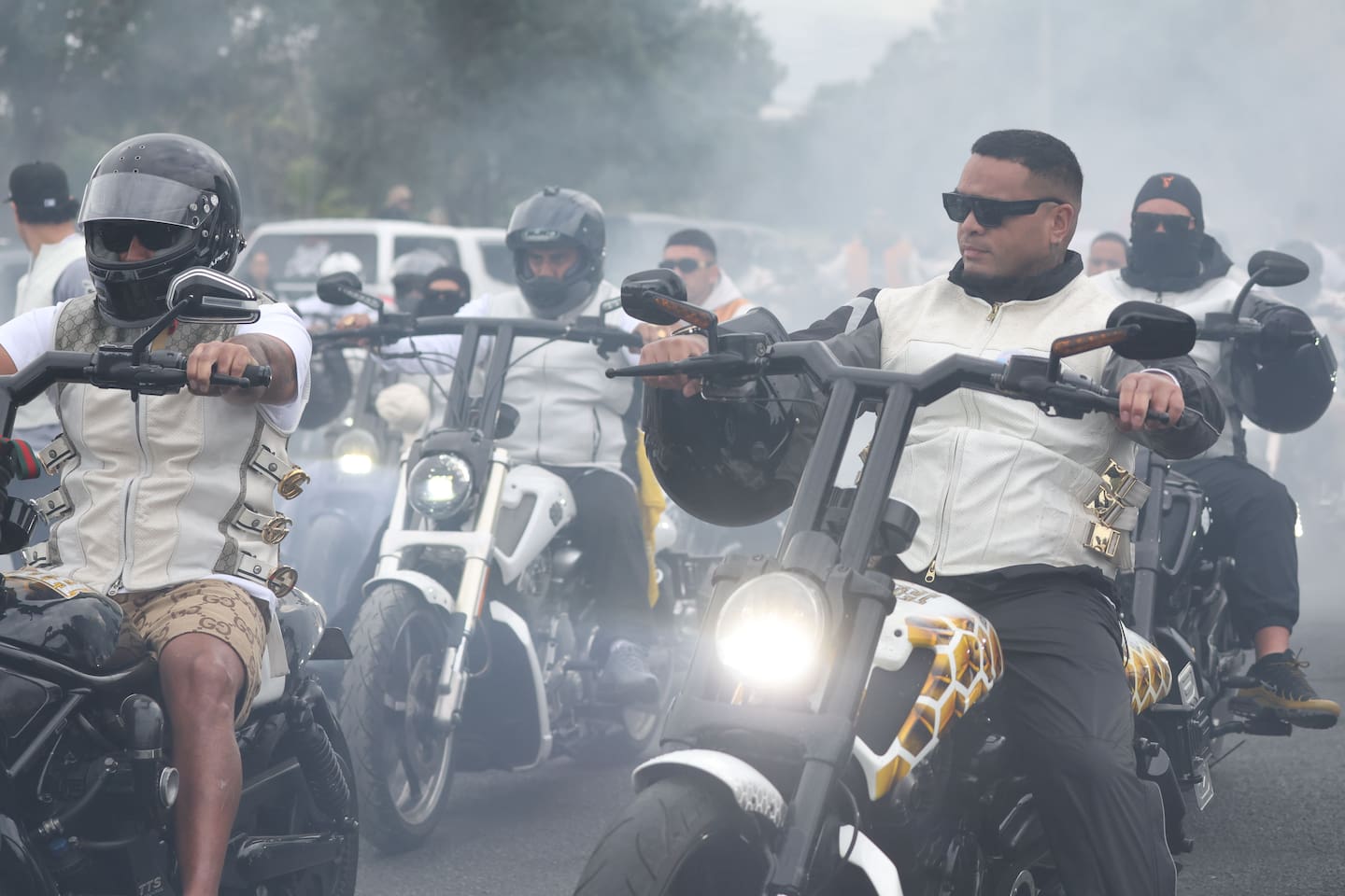 Killer Beez gang funeral for Hone Kay-Selwyn leaving the Ngāti Ōtara Marae on Monday.