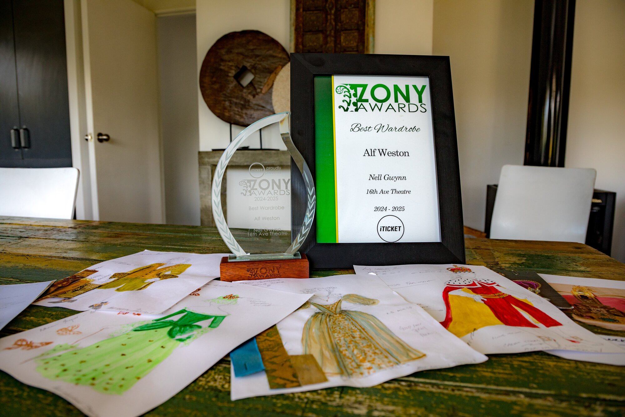 Alf Weston’s Zony Award and costume designs for Tauranga Repertory Society’s 2025 production of Nell Gwynn. Photo / Jo Jones