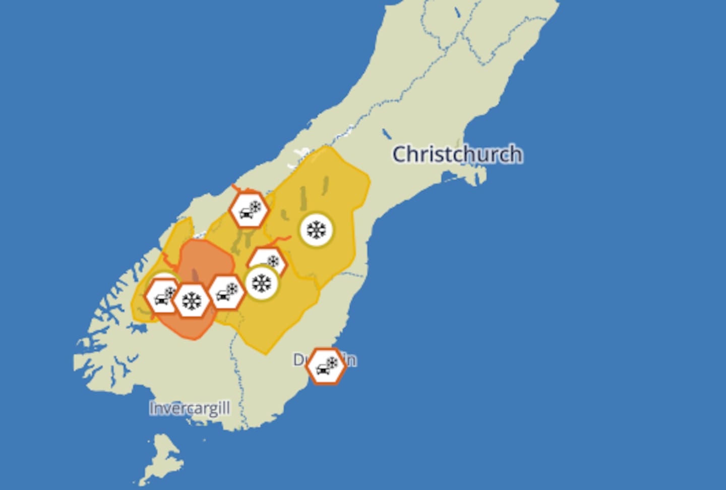 There's snow forecast down to 600m in the lower South Island over the next 48 hours. Photo / MetService website