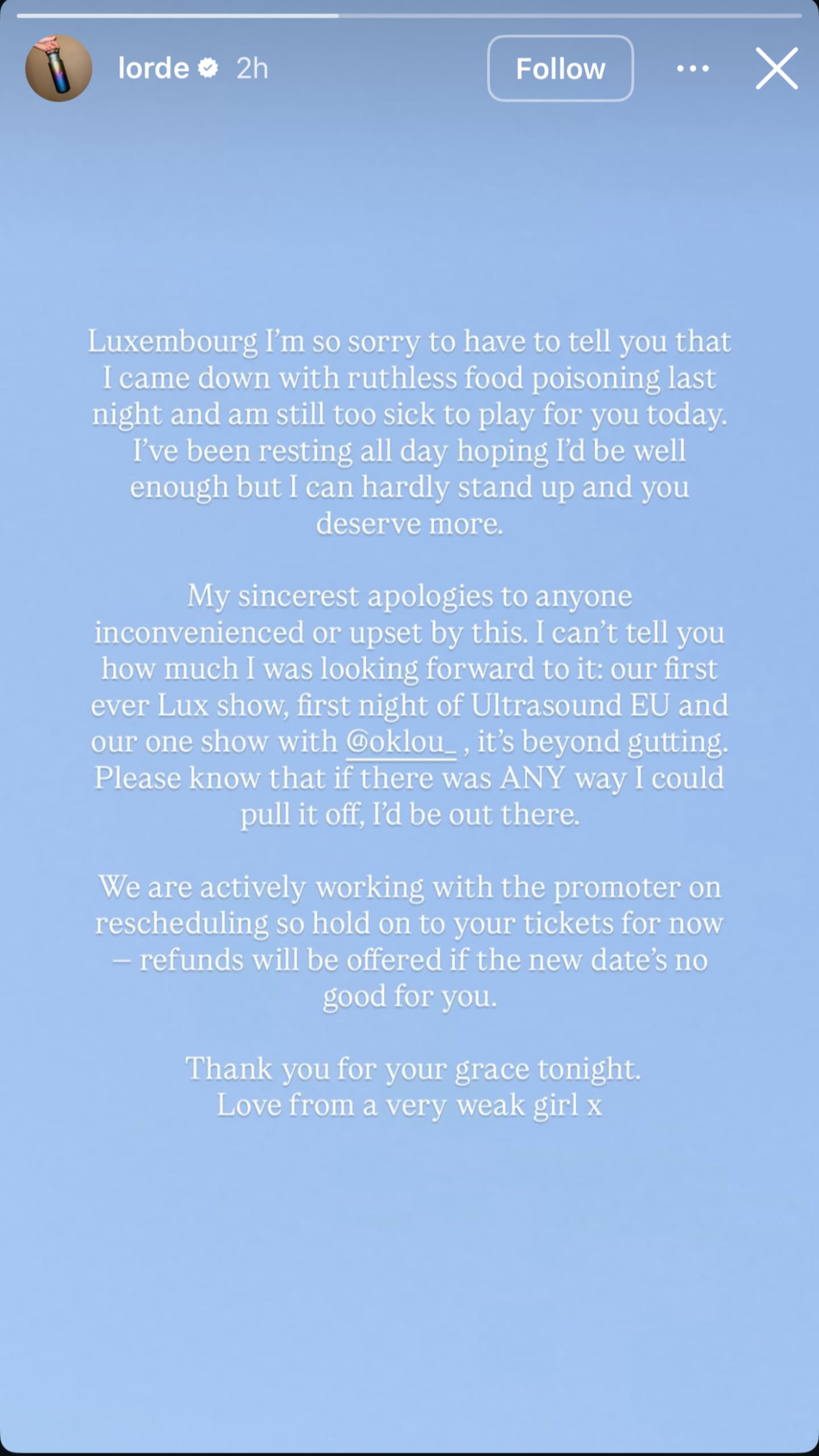 Lorde has cancelled a concert in Luxembourg after a bout of food poisoning. Photo / Lorde