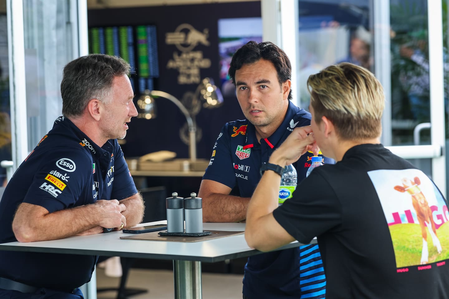 Christian Horner, Sergio Perez and Liam Lawson at the Canadian Grand Prix. Photo / Getty Images