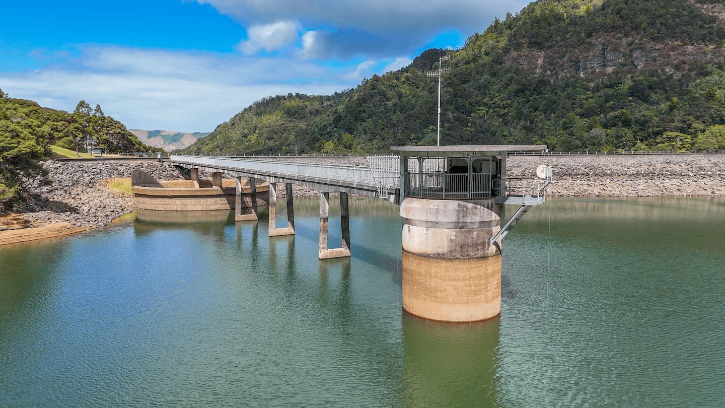 Lower Huia Dam on 13 March. Auckland's dam levels are 20% lower than the past-three-year average for this time, sitting at 61% full. Photo / Watercare