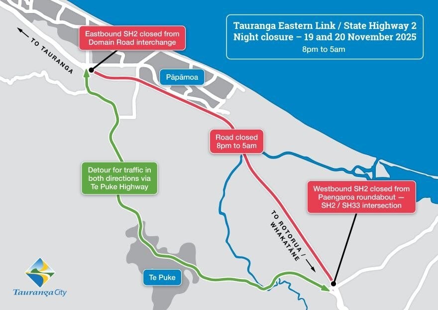  Tauranga Eastern Link / State Highway 2 night closure on November 19 and 20 between 8pm and 5am. Photo / supplied
