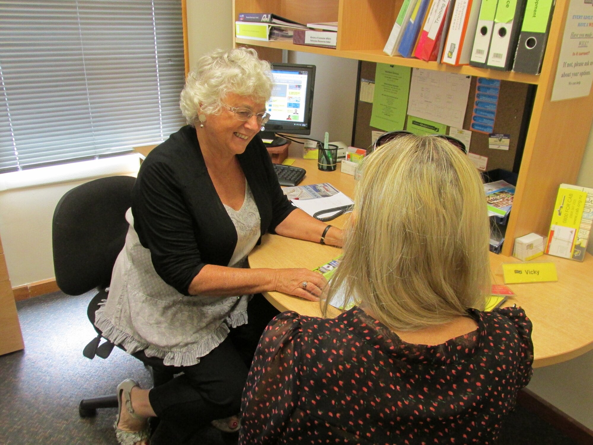 Citizens Advice Bureau Taupō manager Anneke Dinnington pictured in 2015 with one of the bureau&rsquo;s visitors. Photo / Laurilee McMichael