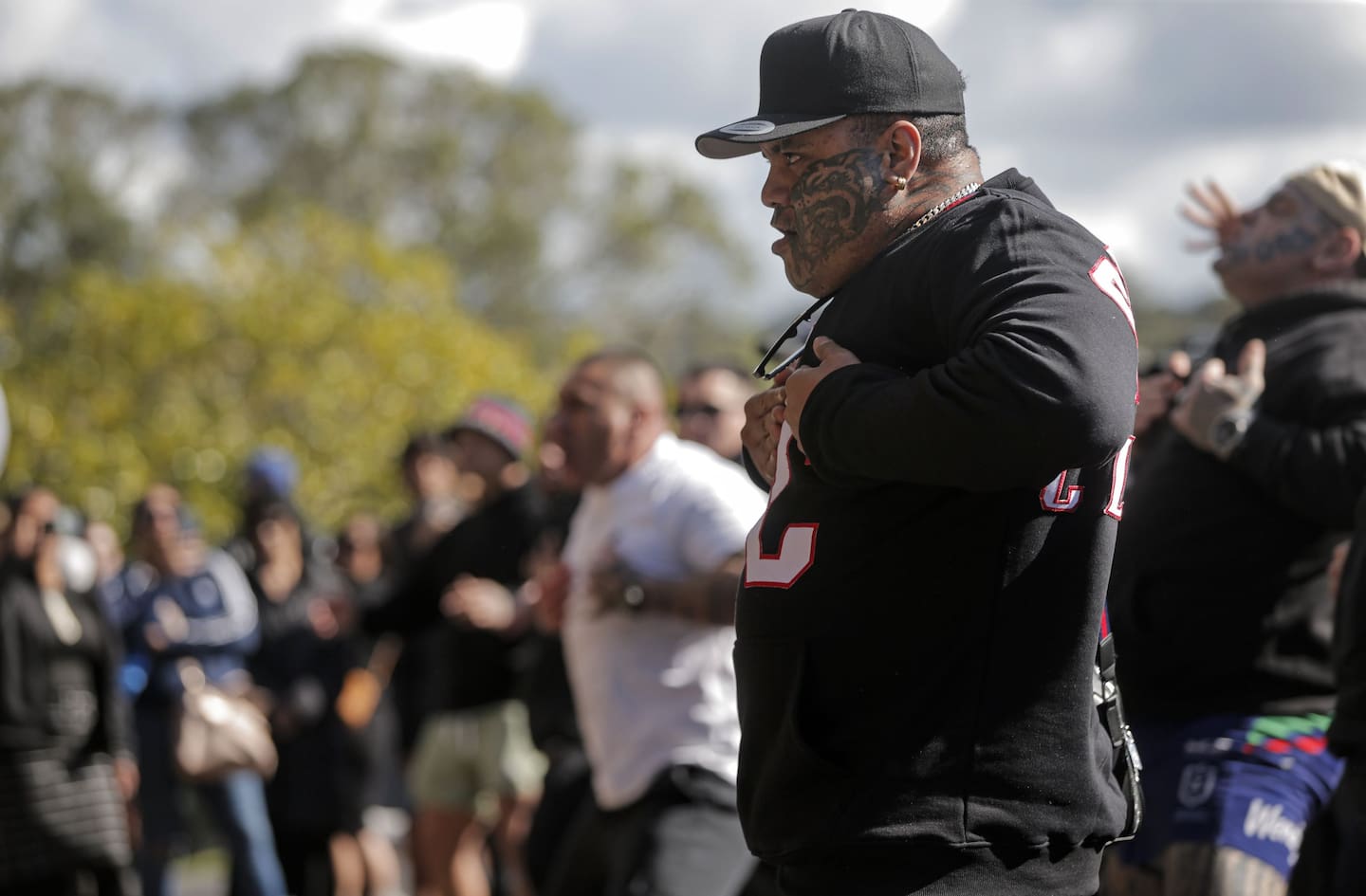 A mourner performs a haka at the funeral for Joanna Mai Sione-Lauaki at Schnapper Rock in Albany, Auckland. Photo / Alex Burton