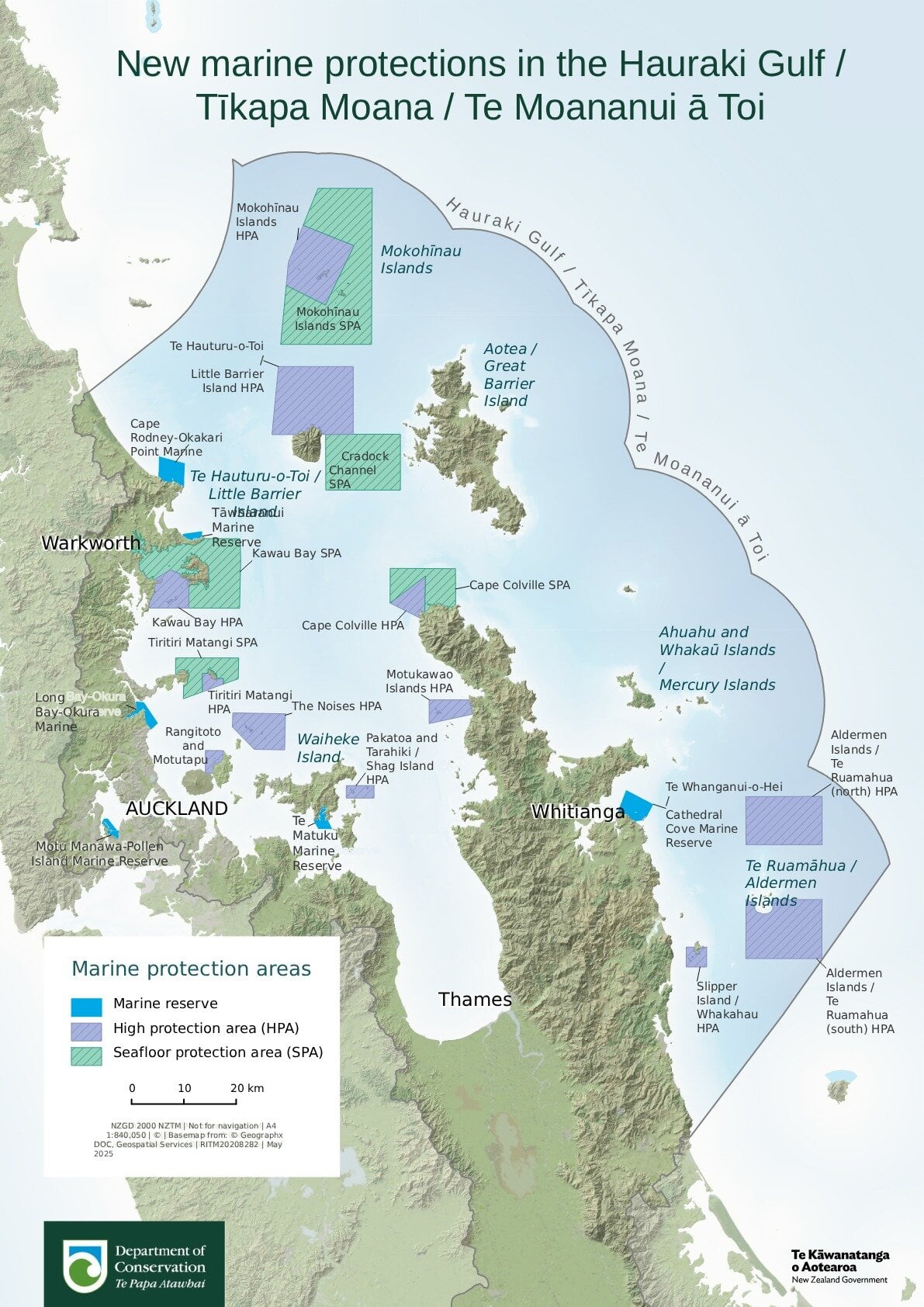  New marine protections in the Hauraki Gulf / Tīkapa Moana / Te Moananui ā Toi. Map / Department of Conservation