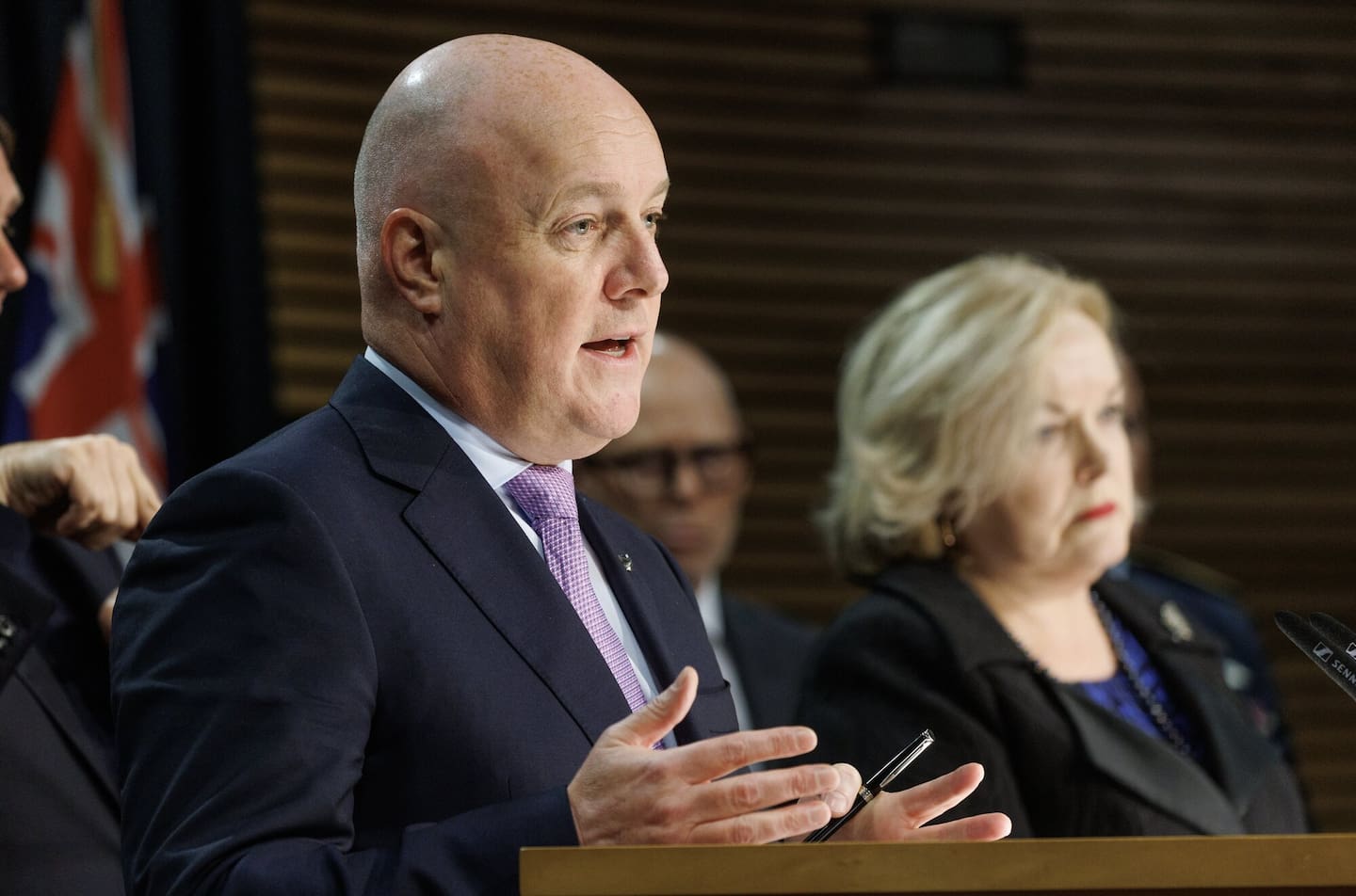 Prime Minister Christopher Luxon and Defence Minister Judith Collins during the post-Cabinet press conference today. Photo / Mark Mitchell