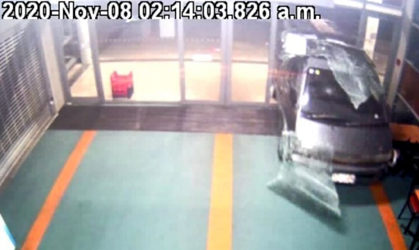 A van driven by Earl Campbell crashes through the door of the Pettigrew Green Arena in Napier in November 2020.