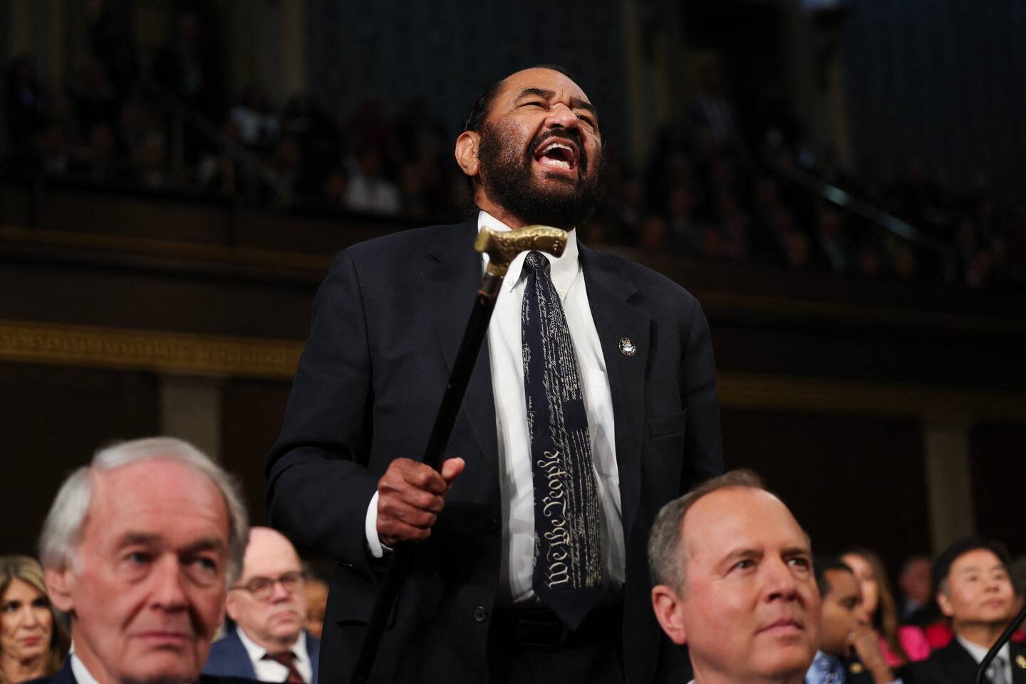 US Representative Al Green was ejected from Donald Trump’s speech amid chaotic scenes, after refusing to take his seat when instructed by House Speaker Mike Johnson. Photo / AFP