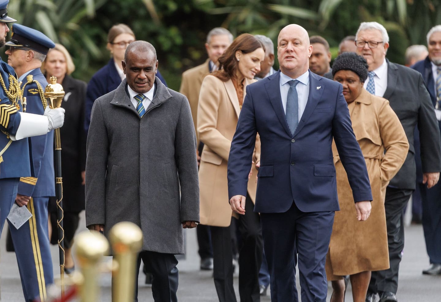 Solomon Islands Prime Minister Jeremiah Manele is escorted by Prime Minister Chroistopher Luxon during his official welcome at Parliament. Photo / Mark Mitchell