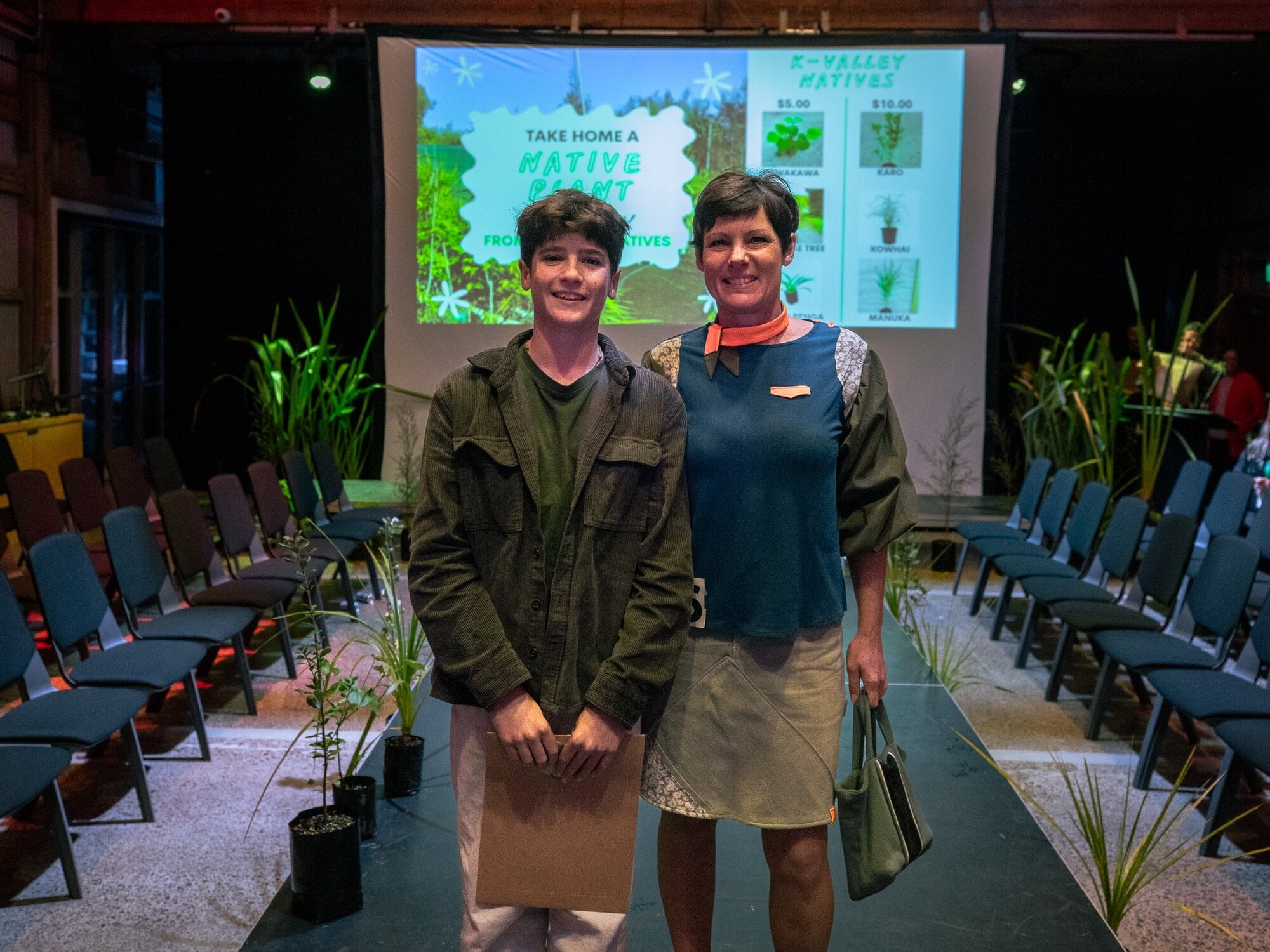  Quentin Dubois, 15, with his mum Audrey Dubois in his upcycled design. Photo / Morgan Hide Photography