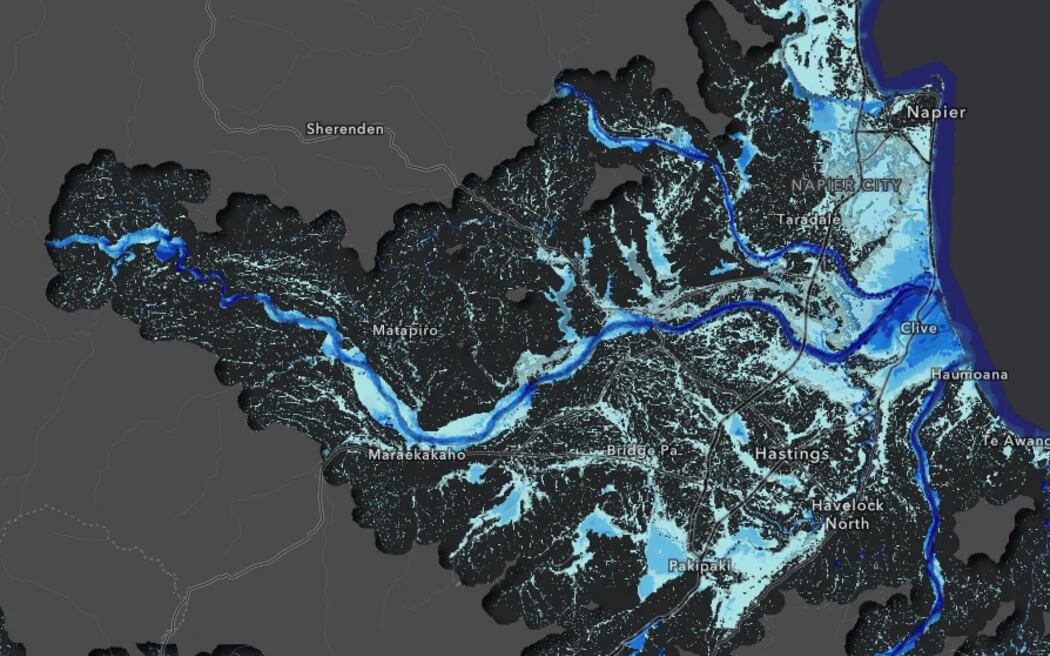 The flood hazard viewer, which shows the projected depth of water in a major flood now and with additional warming, is available on Earth Sciences New Zealand's website. Photo / ESNZ, Screenshot