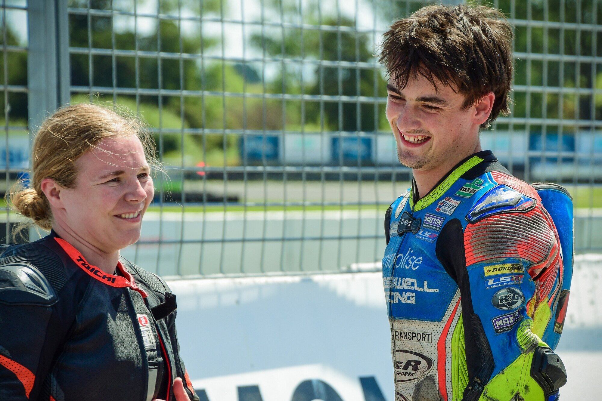 Christchurch’s Harriet Grace, left, and Silverdale’s Tyler King share the supersport 300 podium after race three at Manfeild on Sunday. Photo / Andy McGechan, BikesportNZ.com