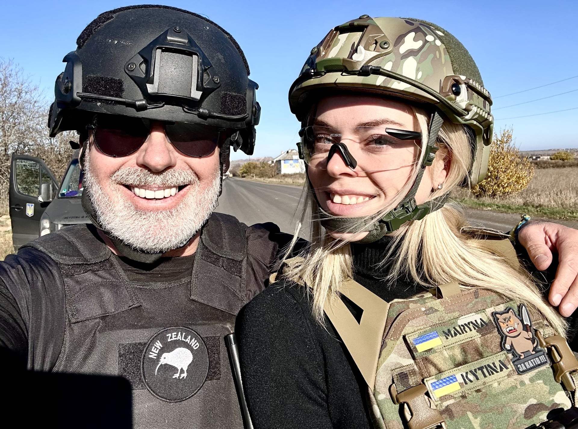 Kiwi K.A.R.E founder Tenby Powell with team member Marina Kytina before going to a Ukraine frontline surgical stabilisation area in 2023. Photo / Supplied