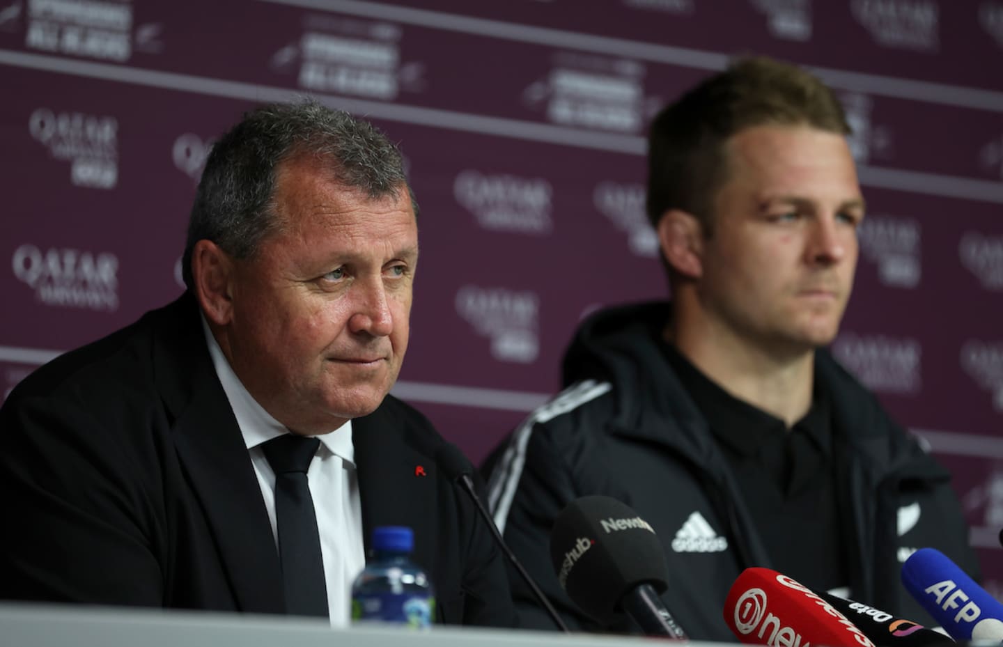 Ian Foster (left) and Sam Cane pictured post-match at Twickenham, after their final warm-up loss to South Africa ahead of the 2023 Rugby World Cup. Photo / Photosport