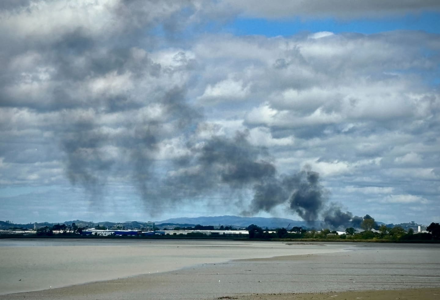 The Ōtāhuhu factory fire as seen from Māngere Bridge. Photo / Jason Dorday