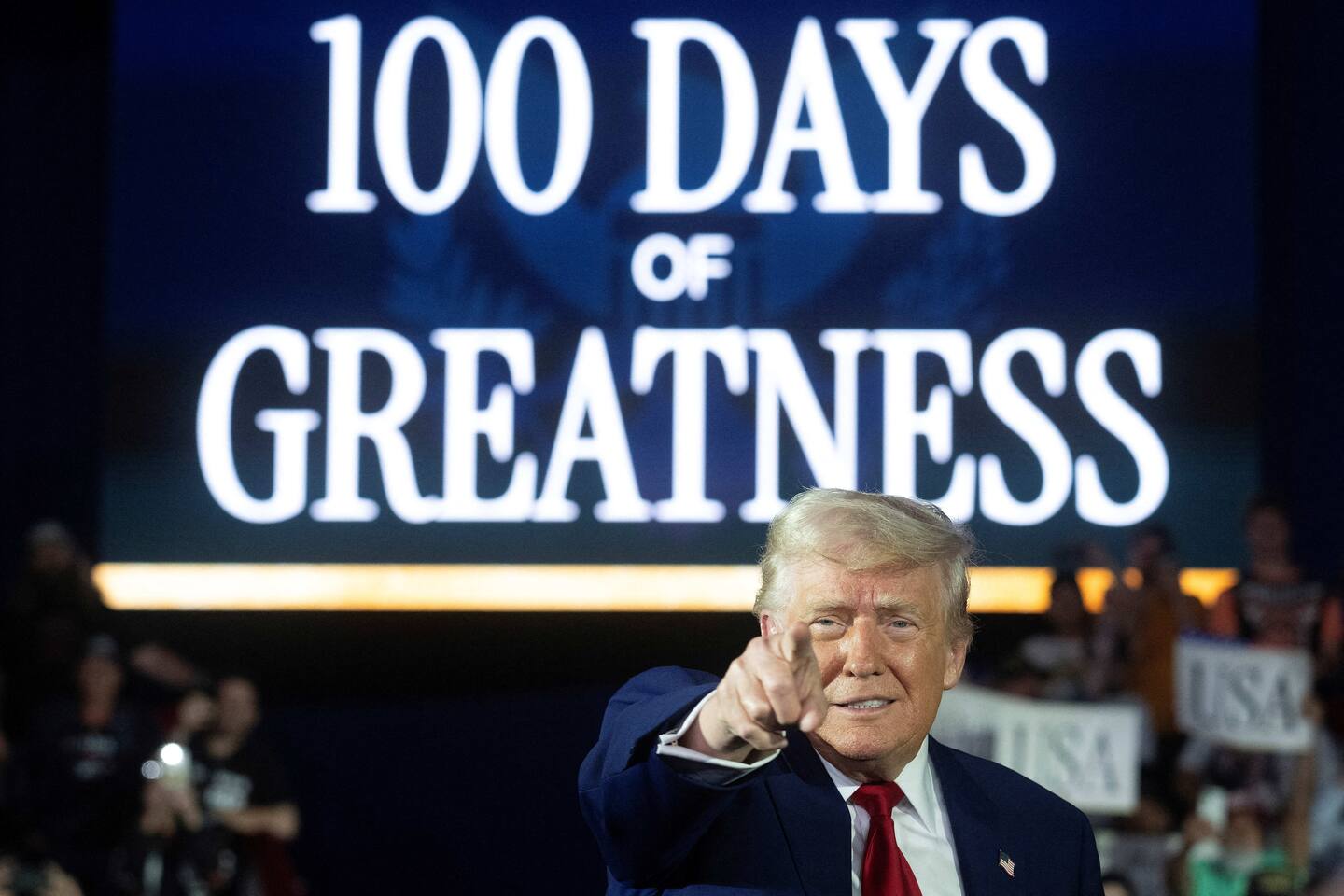 US President Donald Trump arrives to deliver a speech marking his 100th day in office at Macomb County Community College Sports Expo Center in Warren, Michigan. Photo / AFP