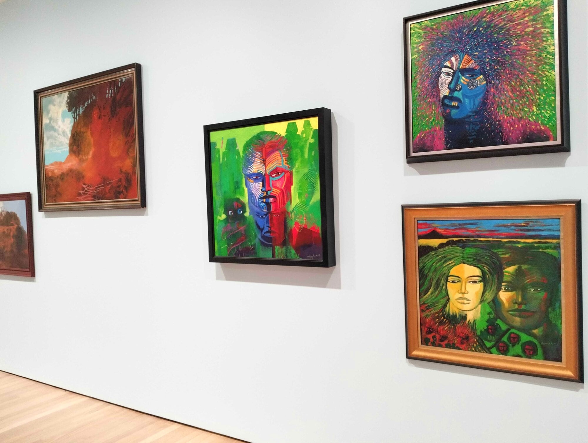 Acrylic works by Darcy Nicholas in his ‘Land of My Ancestors’ exhibition which spans nearly six decades of practice. Photo / Rosalie Liddle Crawford