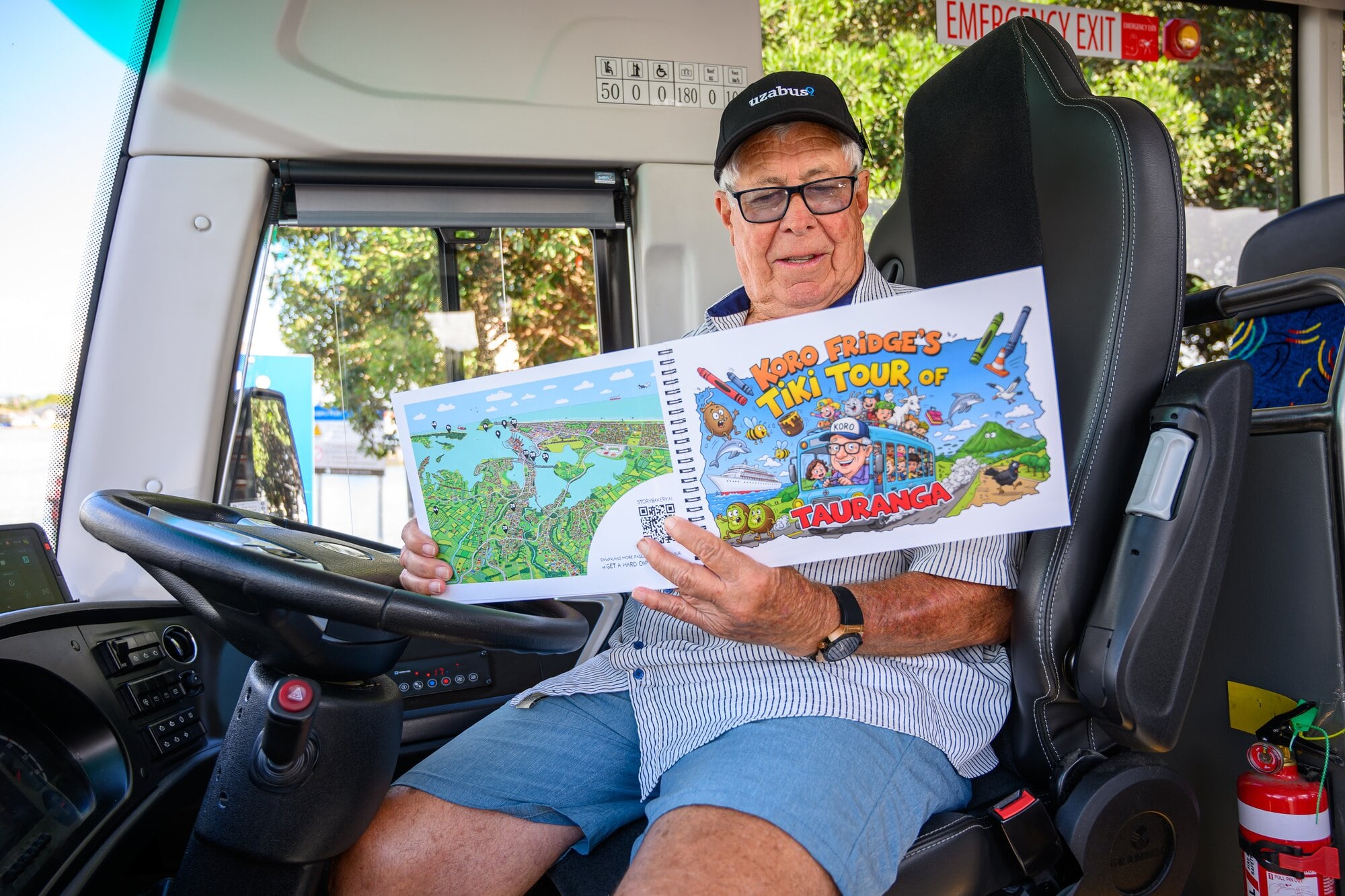  When he&rsquo;s not driving, Chris McAlpine can be busy colouring in pictures in his own copy of &lsquo;Koro Fridge&rsquo;s Tiki Tour of Tauranga&rsquo;. Photo / David Hall