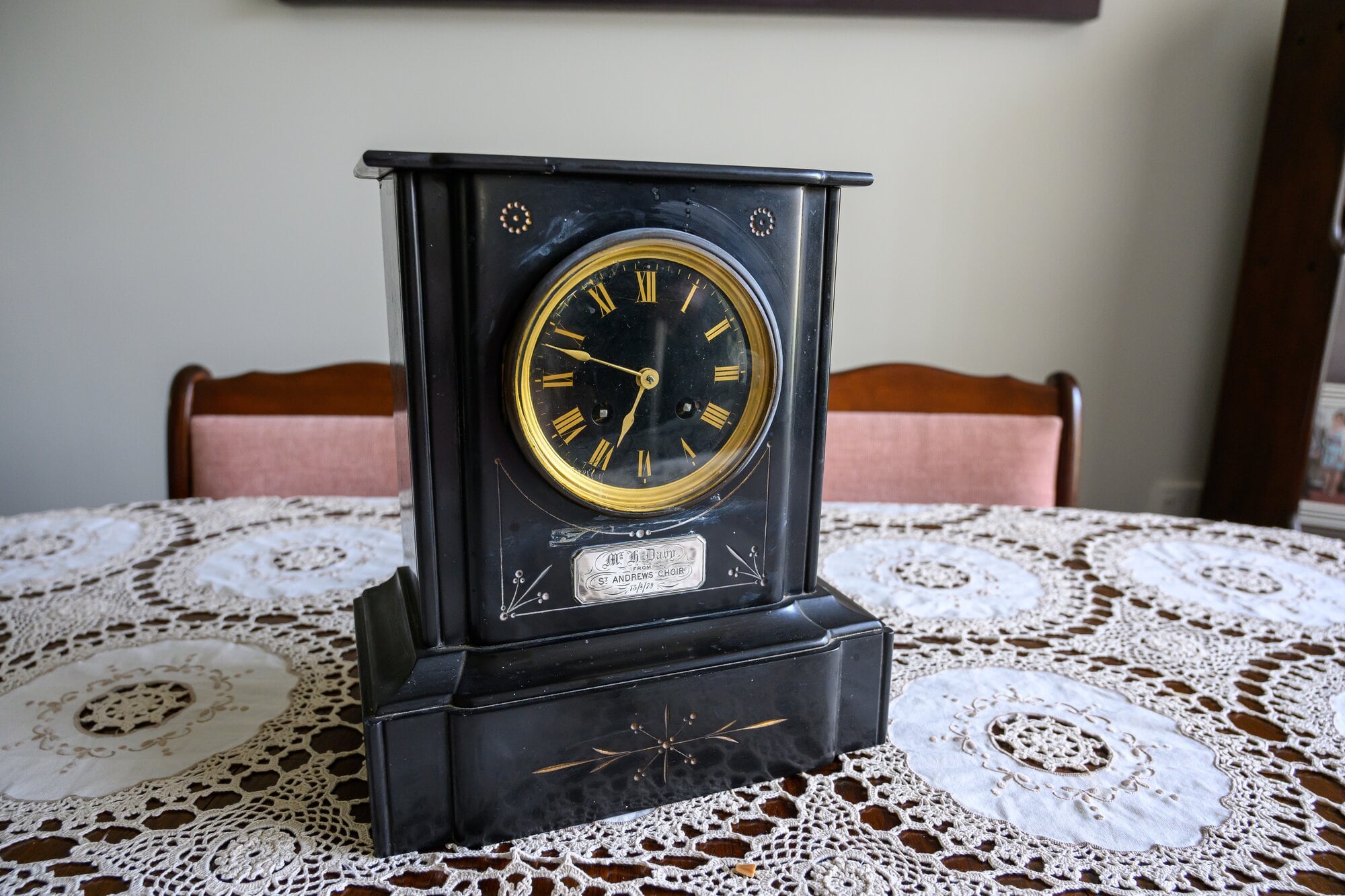 The black marble clock has been in the possession of Dennis and Leonie Marsh for more than 40 years. Photo / David Hall