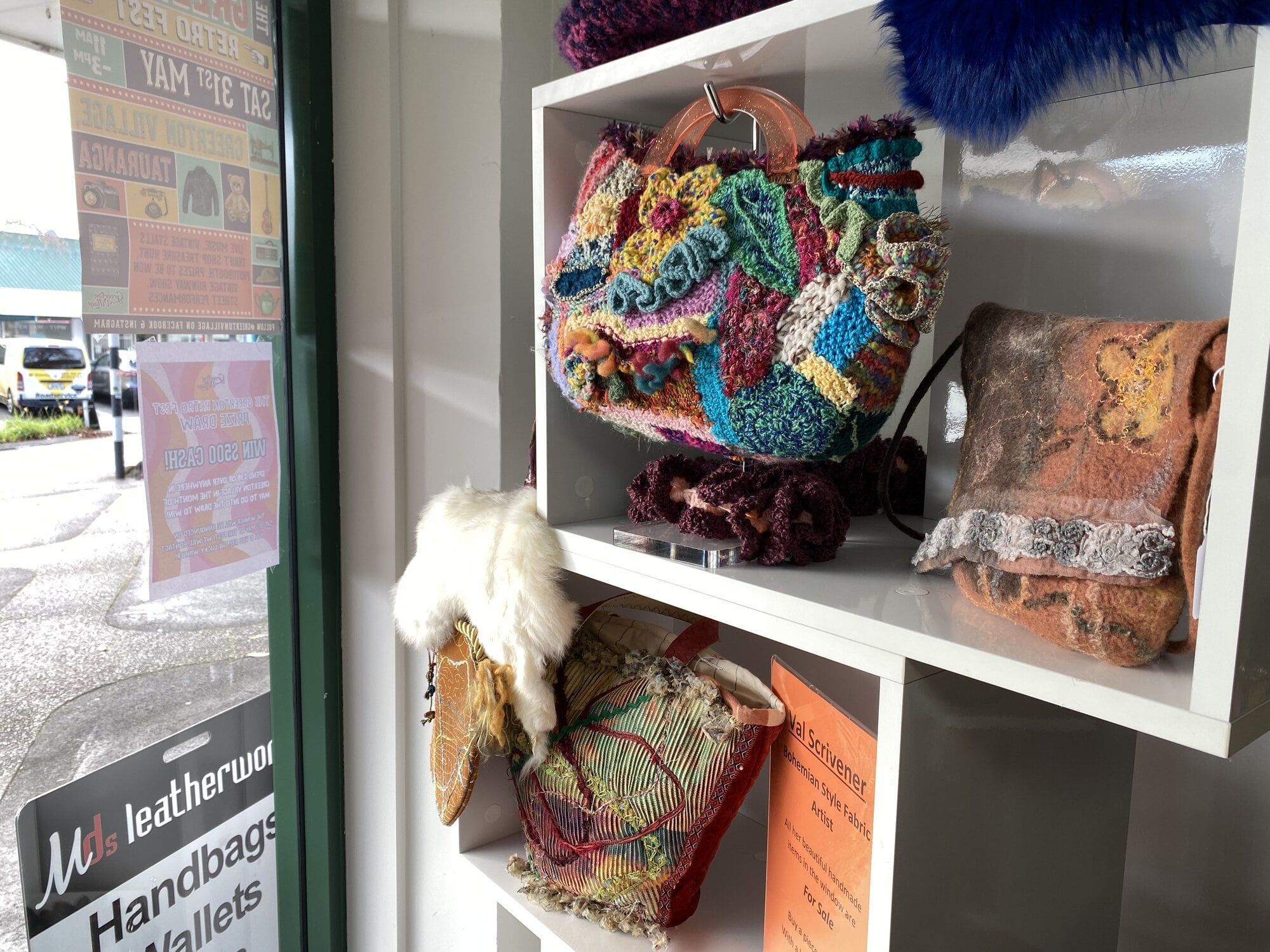 Some of the handmade felted handbags in the Valentine Scrivener exhibition and sale at MDS Leatherworks. Photo/Rosalie Liddle Crawford.