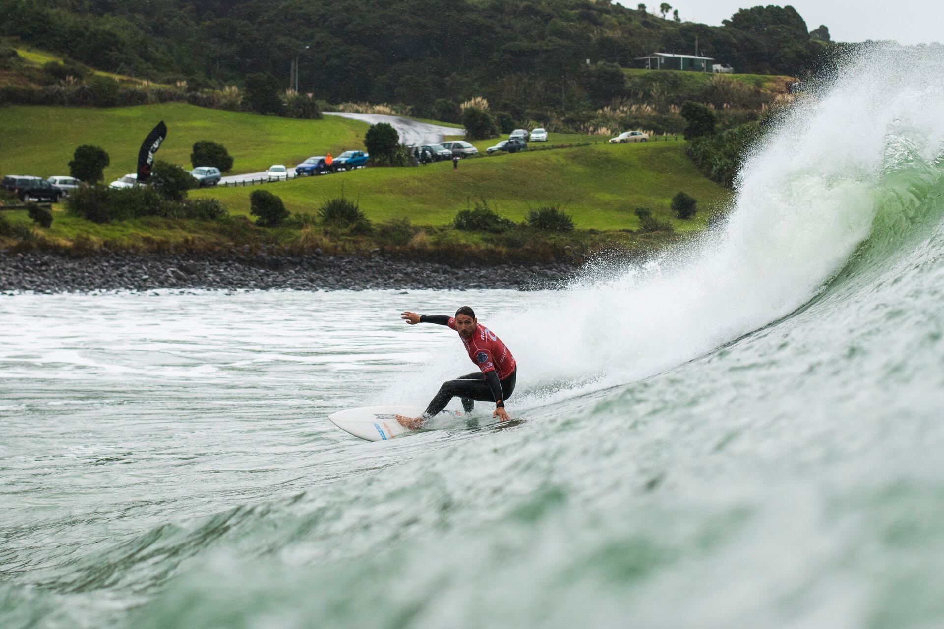 Maz Quinn surfing at Raglan's Manu Bay, voted New Zealand's Best Surf Beach. Photo / Jereme Aubertin