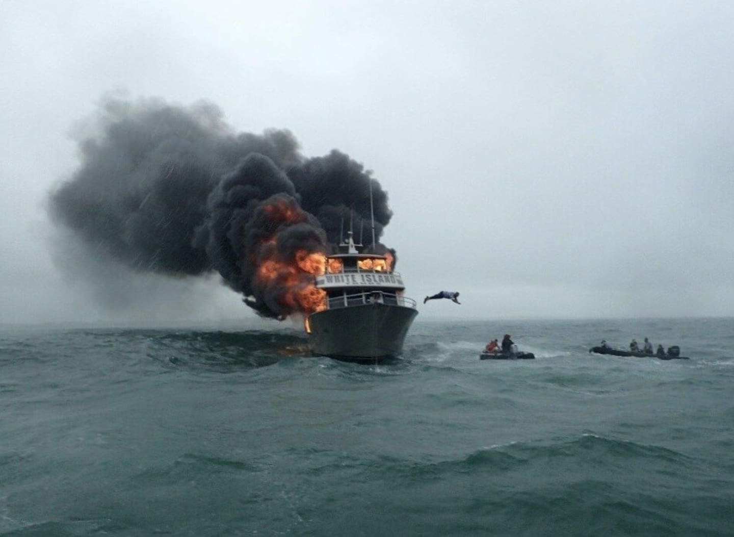 Kelsey Waghorn survived this boat inferno at sea in 2016 and a volcanic eruption in 2019. Photo / Supplied