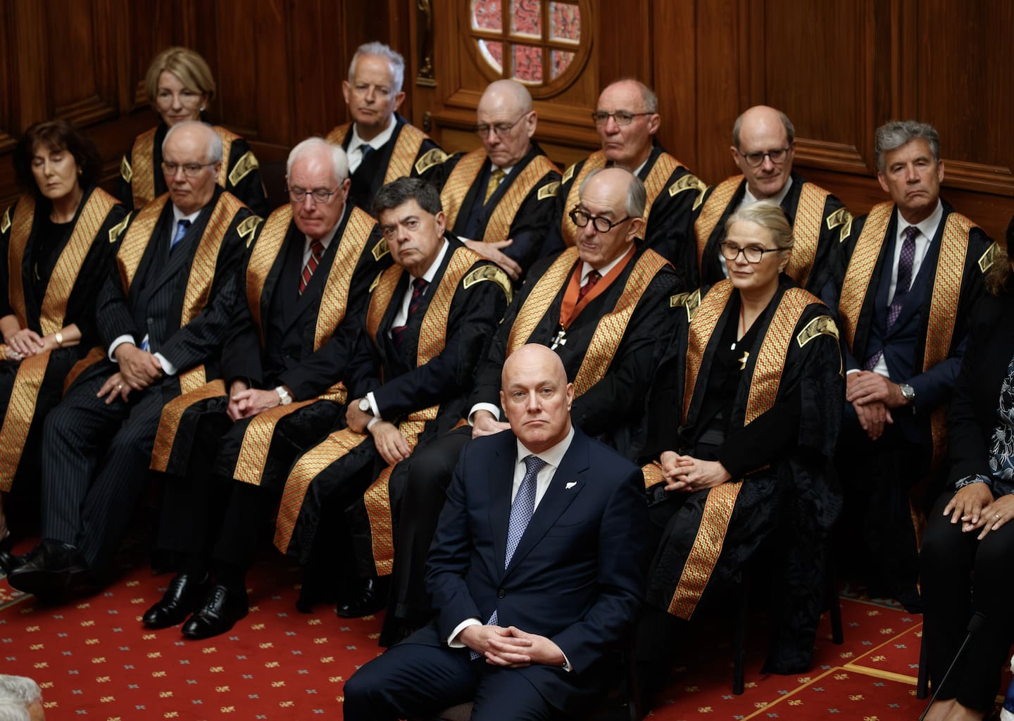 Prime Minister Christopher Luxon sitting in front of Chief Justice Dame Helen Winkelmann and senior court judges during the State Opening of Parliament in 2023. Photo / Mark Mitchell