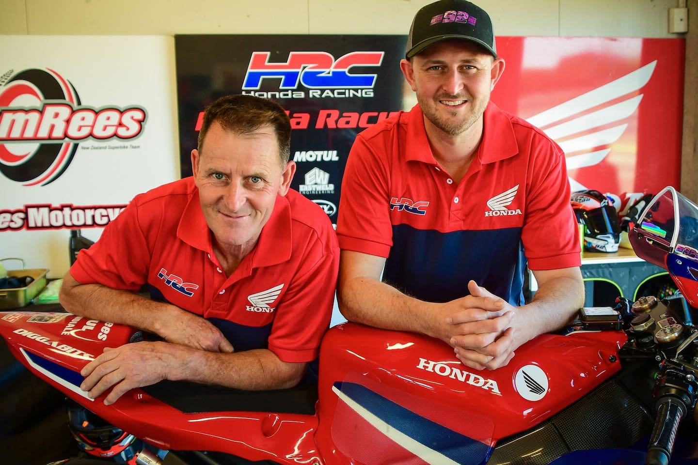 It was a sensational weekend for WhakatÄne father-and-son Honda teammates Tony Rees (left) and Mitch Rees as they finished first and second in the premier 1000cc Formula One superbike class at the TaupÅ International Motorsport Park. Photo / Andy McGechan