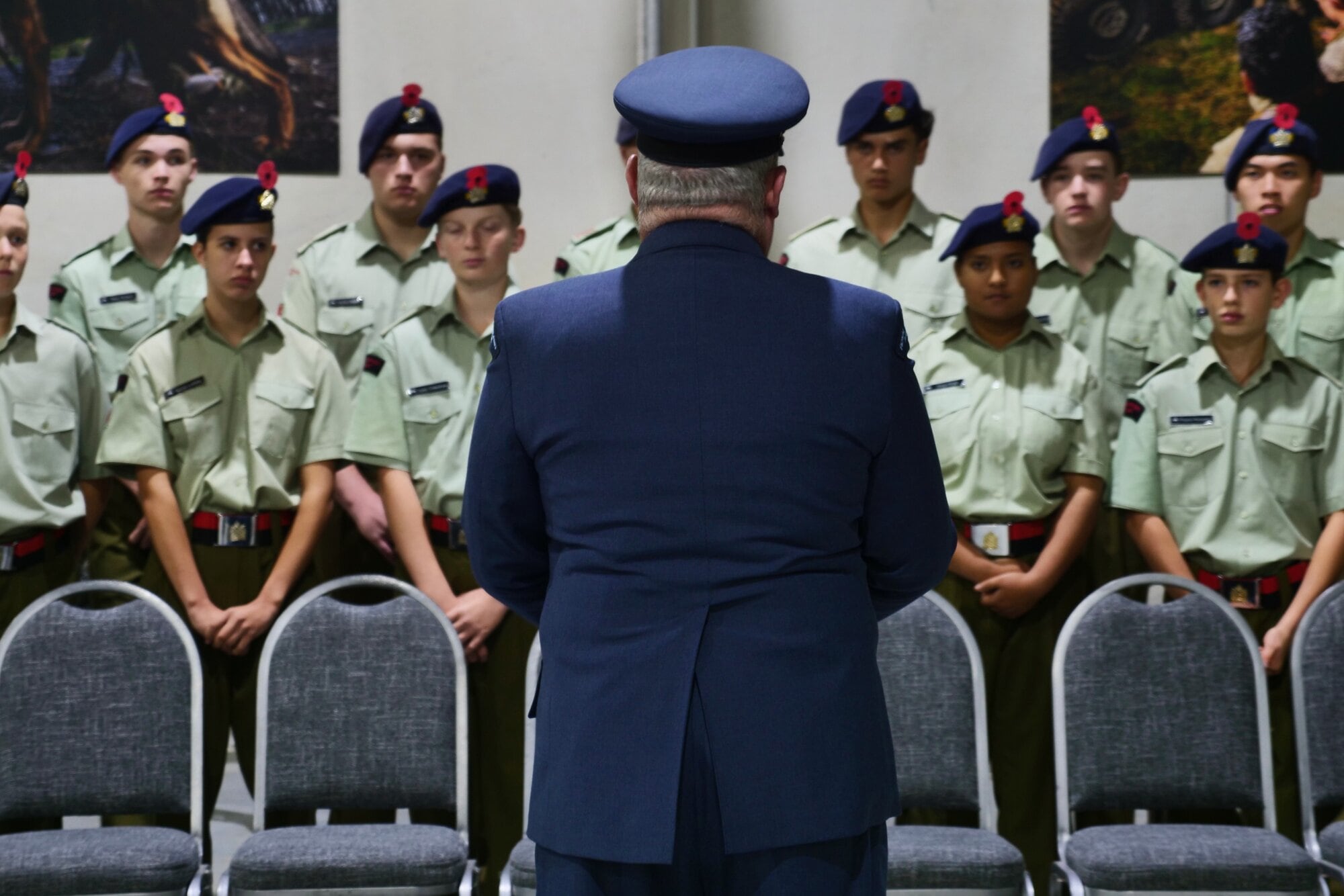 RNZAF Wing Commander Commandant New Zealand Cadet Forces Bruce Creedy address the cadets at the Te Rangatahi Trophy presentation.