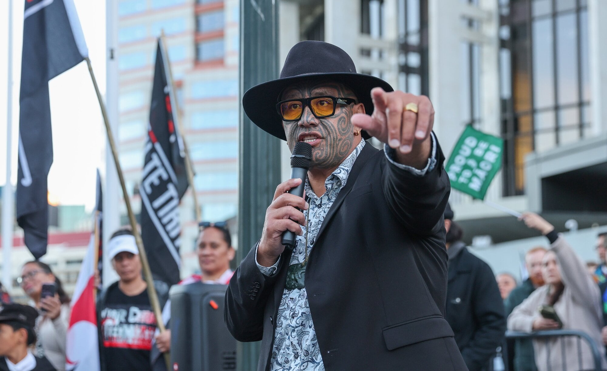 Te Pāti Māori co-leader Rawiri Waititi is speaking at their protest at Parliament. Photo /Mark Mitchell