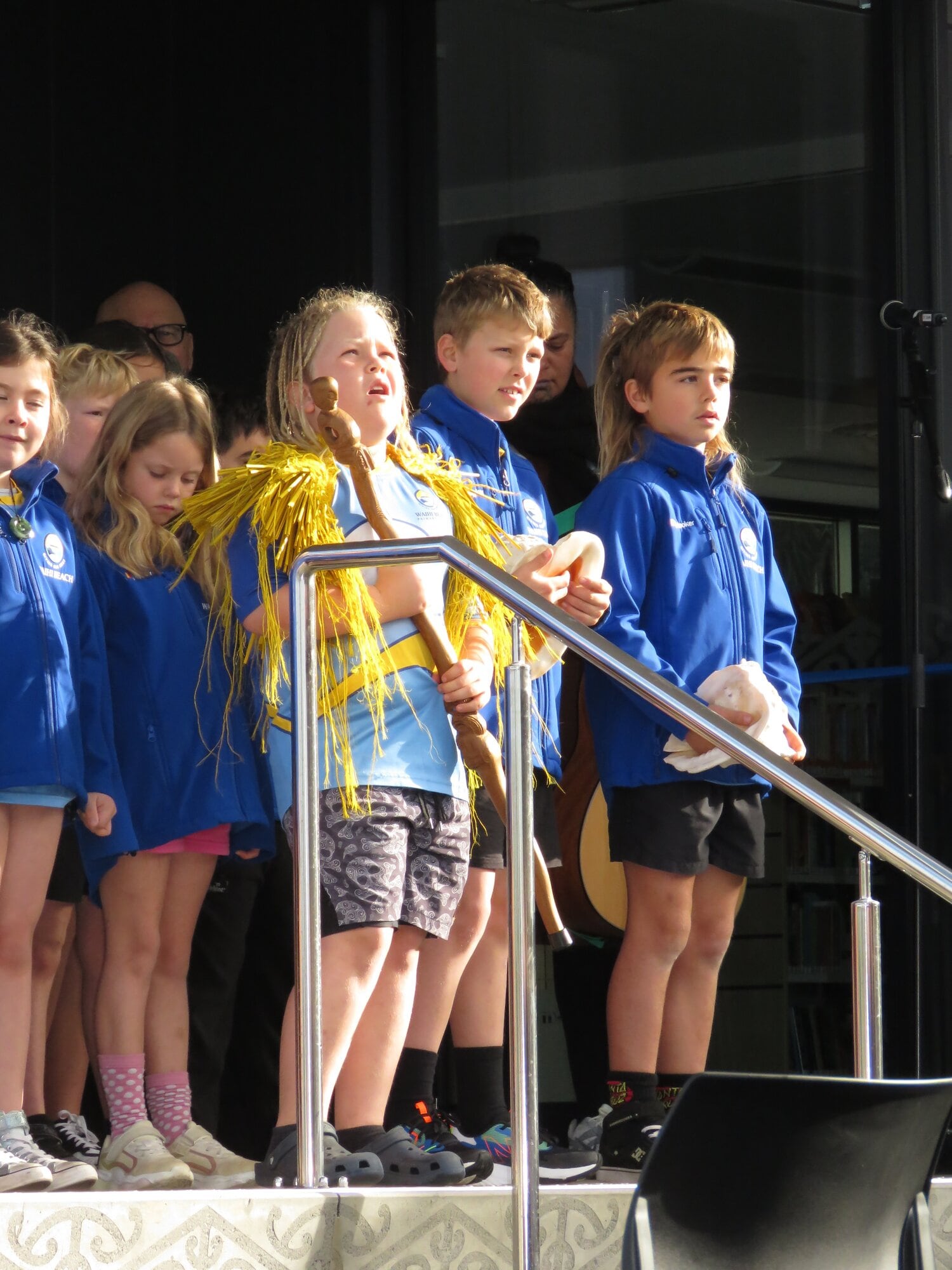  Waihī Beach primary student Hunter Wilson, 9, wore the woven piece, donated by Marino Magee, at the opening of Te Ara Mātauranga on July 1. Photo / Merle Cave