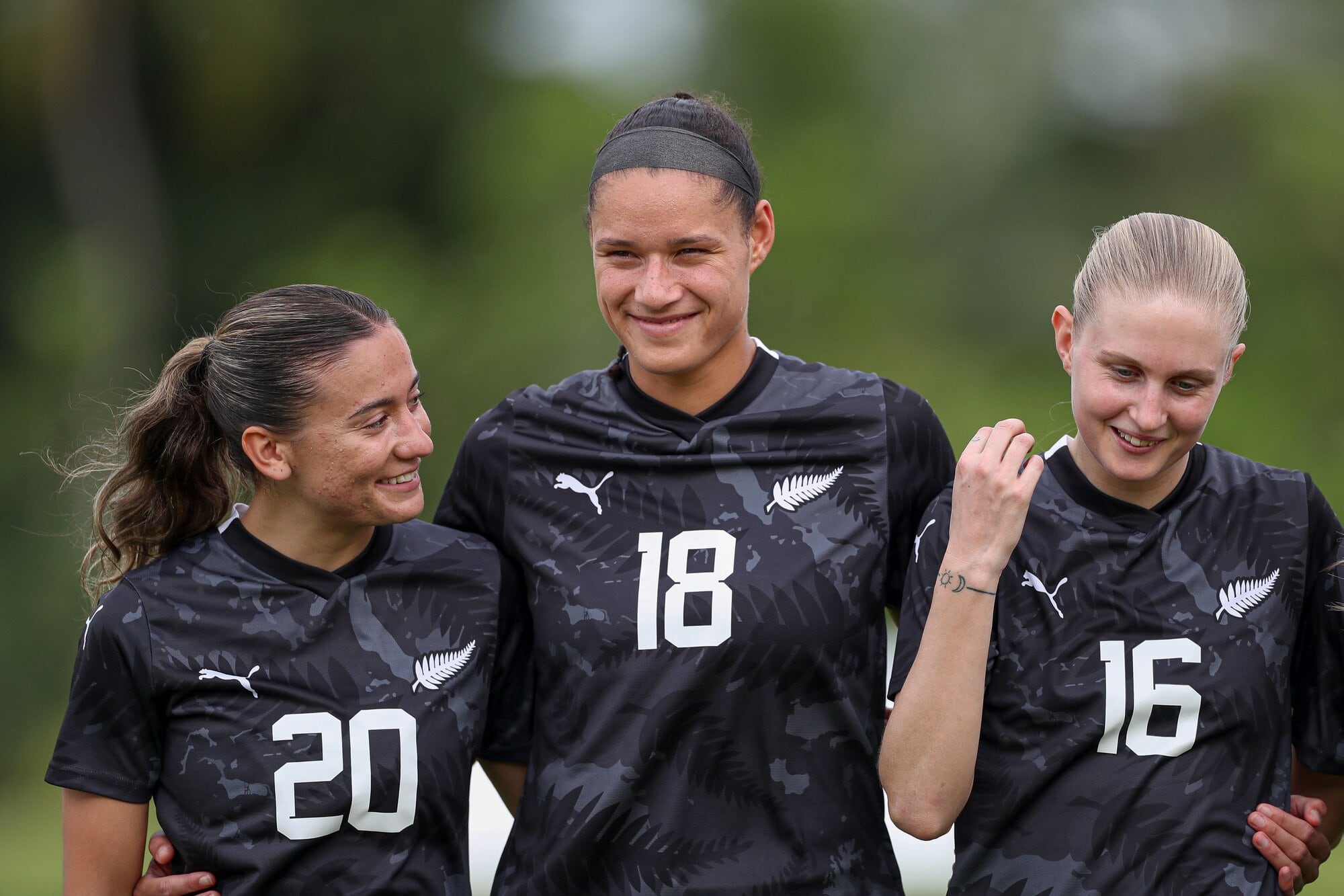 New Zealand's Indiah-Paige Riley,  Grace Jale and Jacqueline Hand before the Oceania qualifier against Samoa, in Samoa in 2024. Photo / Shane Wenzlick:www.phototek.nz