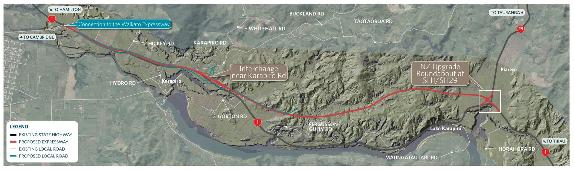 The initial proposed route map for the Waikato Expressway extension from Cambridge to Piarere from 2021. The design has not yet been finalised. Image / New Zealand Transport Agency Waka Kotahi