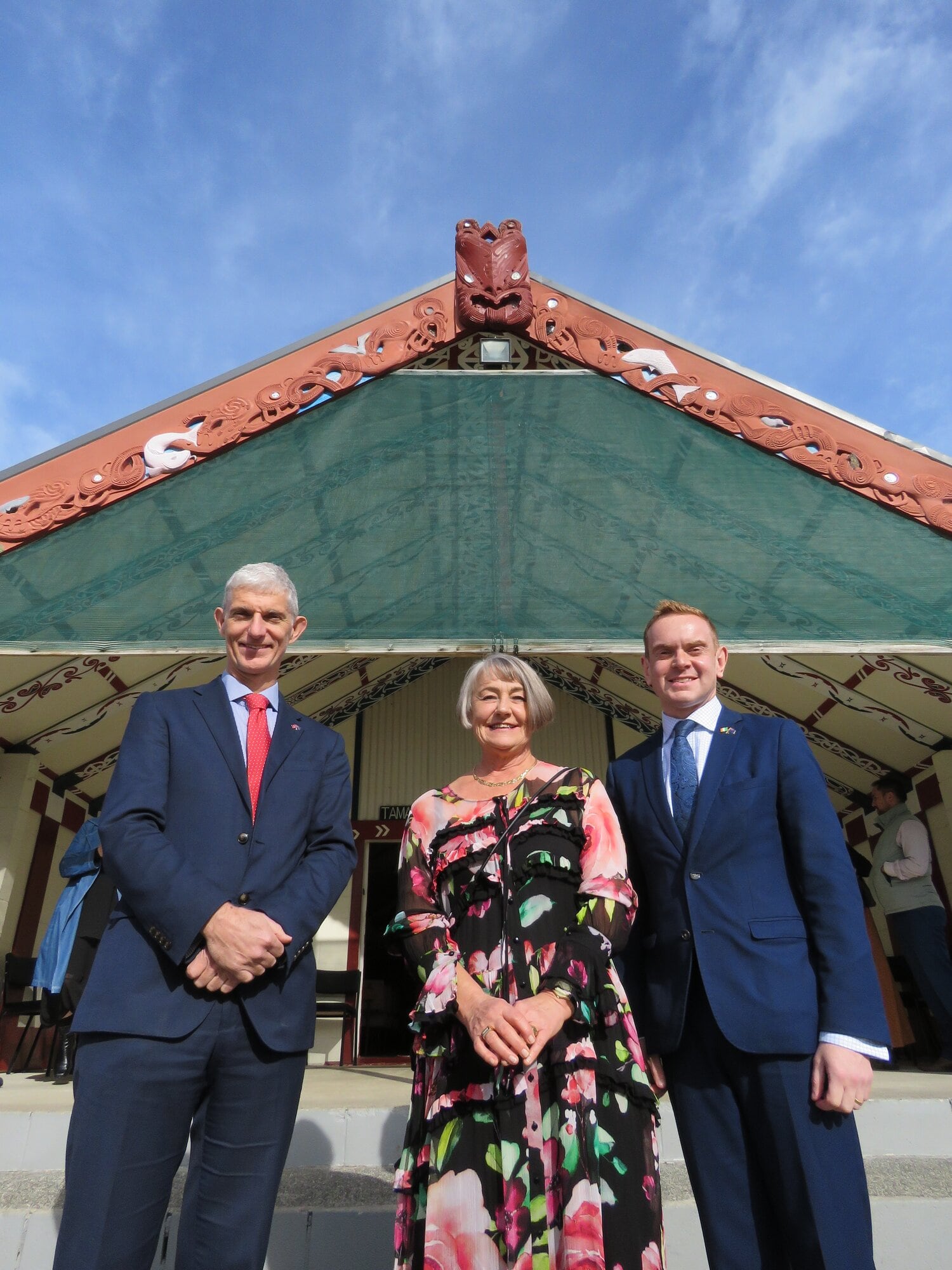  British High Commission deputy high commissioner John Pearson, Western Bay Museum manager Paula Gaelic and Embassy of Ireland’s deputy head of mission Paul O’Hara outside Te Rereatukahia Marae. Photo / Merle Cave