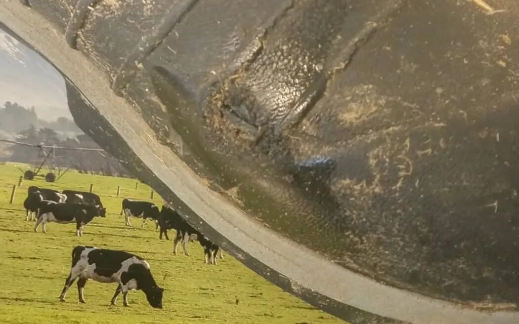 A close-up picture of Chris Wilson's gumboot, which was damaged by lightning, and the farm in the background.