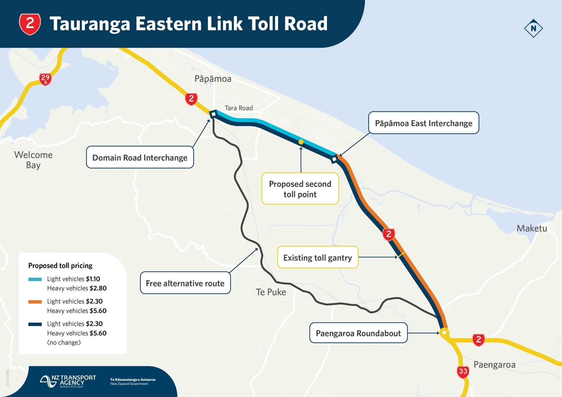  A map showing where the proposed second toll point will be on the TEL. Image / NZTA