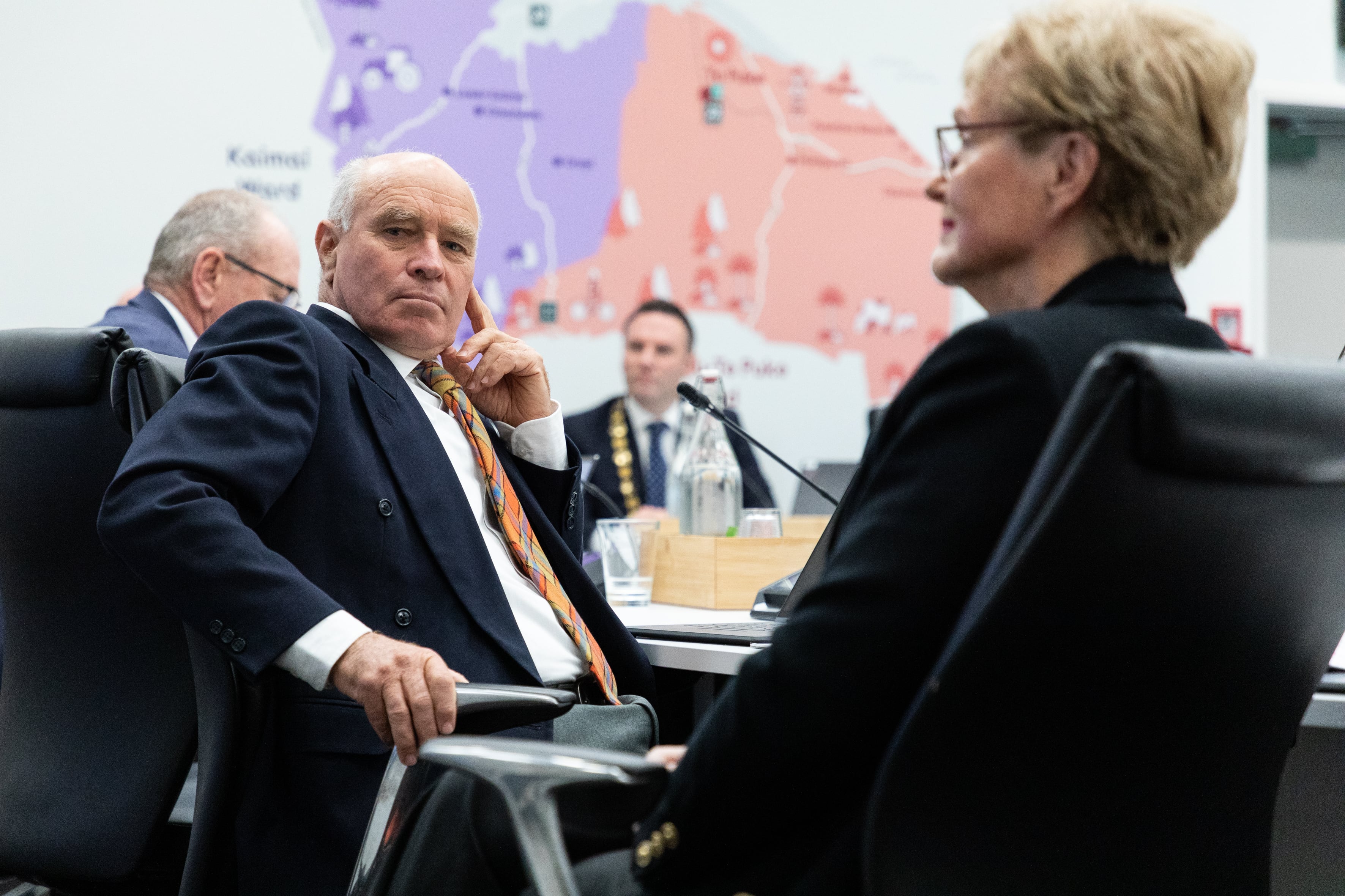 Western Bay of Plenty District Council Deputy Mayor John Scrimgeour and councillor Margaret Murray-Benge during a council meeting on Māori wards in 2023. Photo / Alex Cairns