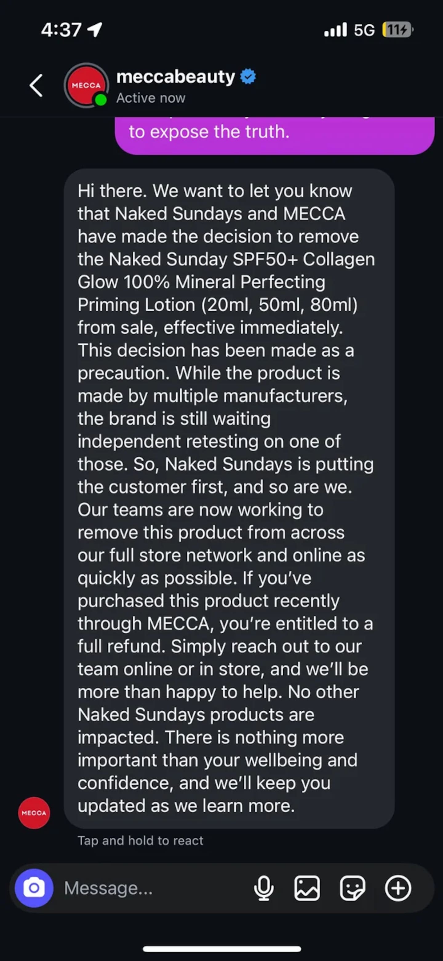 Customers shared DMs from Mecca confirming the news, despite no official public post about it. Photo / Reddit