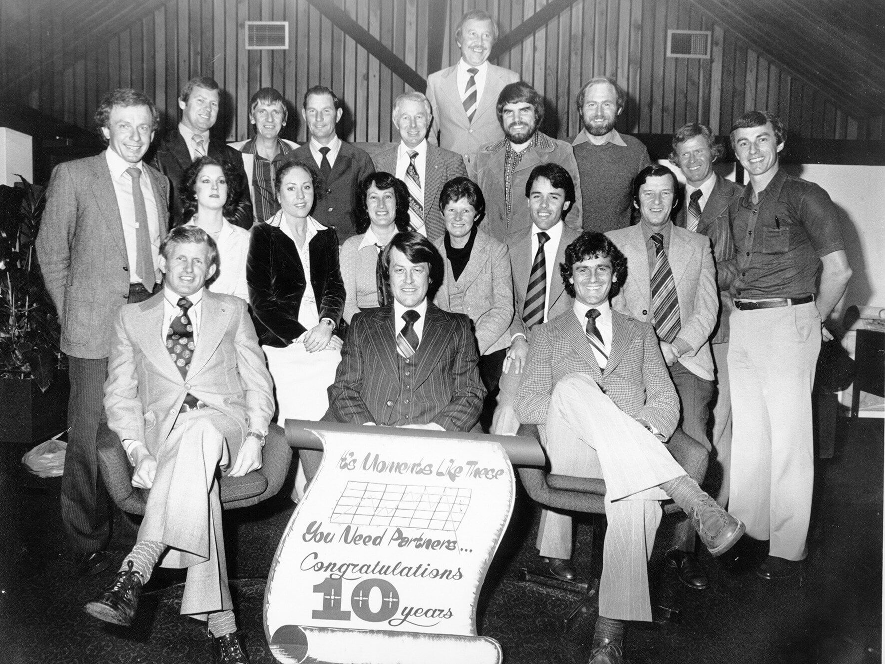  The EVES team celebrating a decade in business in Tauranga in 1973, with Julene Foster the fourth female from the left in the second row.