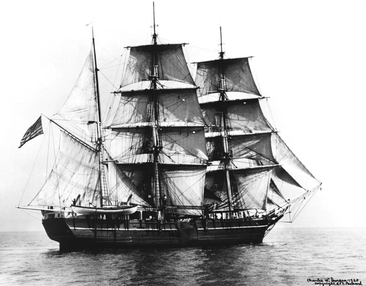 The American whaler Charles W. Morgan. During its Pacific cruises between 1845 and 1904, its multi-racial crews were described as including Kanakas (Pacific Islanders), Cape Verdeans, Seychellois and New Zealanders as Māori were then known. Photographer unknown, ‘The Charles W. Morgan’, 1920. Courtesy of the Mystic Seaport Museum. Mystic, Connecticut, U.S.A.