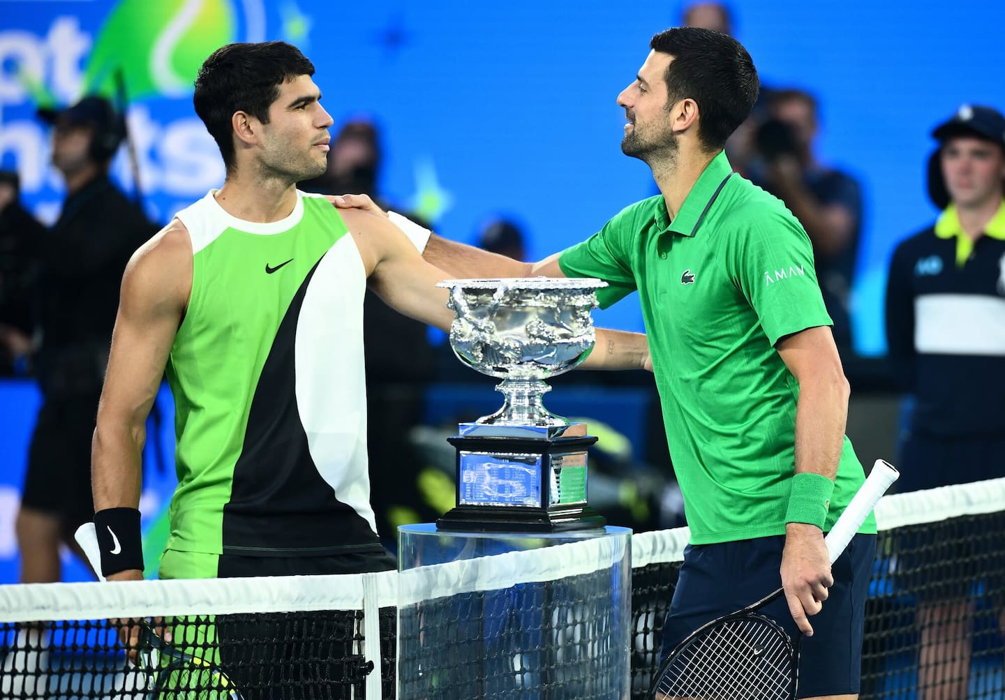 Spain's Carlos Alcaraz and Novak Djokovic, of Serbia, share a moment before the Australian Open final. Photo / Photosport