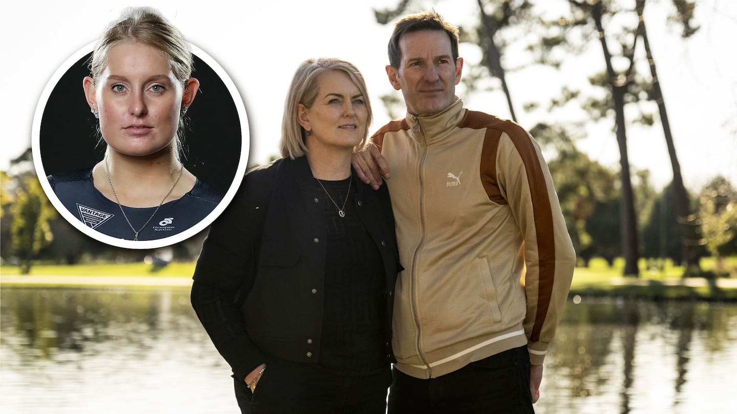 Cyclist Oliva Podmore (inset), her mother Nienke Middleton (left) and Nienke's husband Chris Middleton (right) in Hagley Park. Photo / Joe Allison